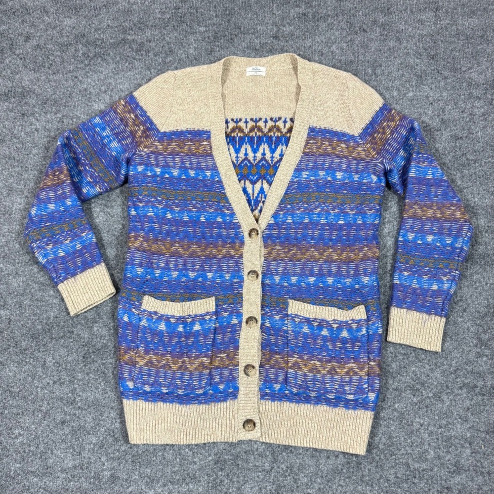 Wallace J.Crew Cardigan Sweater Fair Isle Geo Women M Tan Blue Brown Wool Mohair
